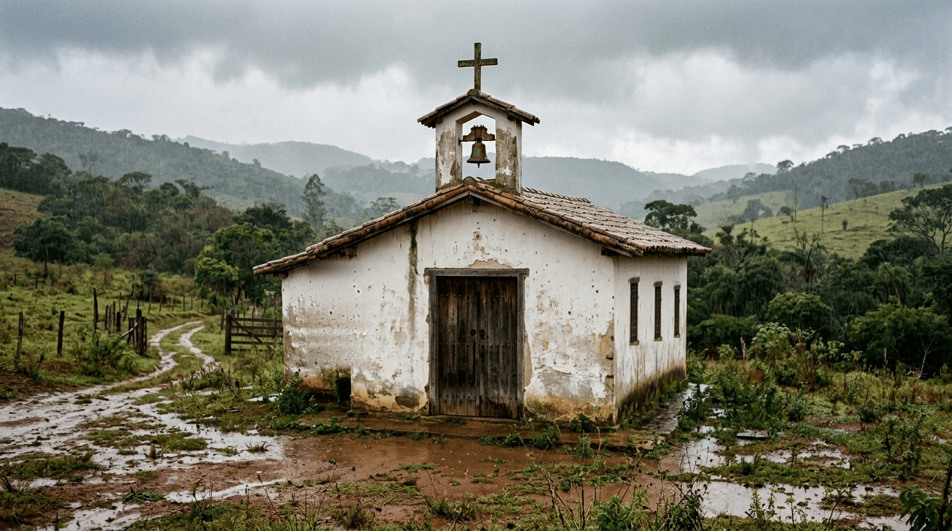 Capela rural sob chuva, imagem de um projeto cinematográfico da SAdQ