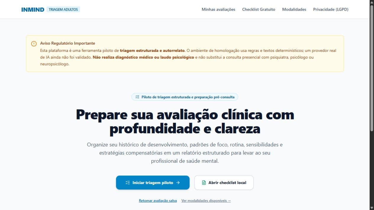 Tela real do Inmind apresentando um percurso estruturado de perguntas para adultos