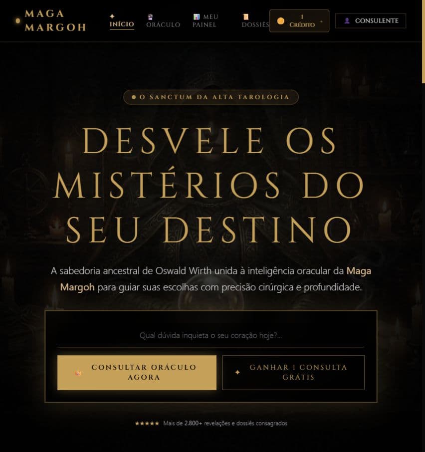Tela real da Maga Margoh com identidade dourada, apresentação do oráculo e ações de consulta